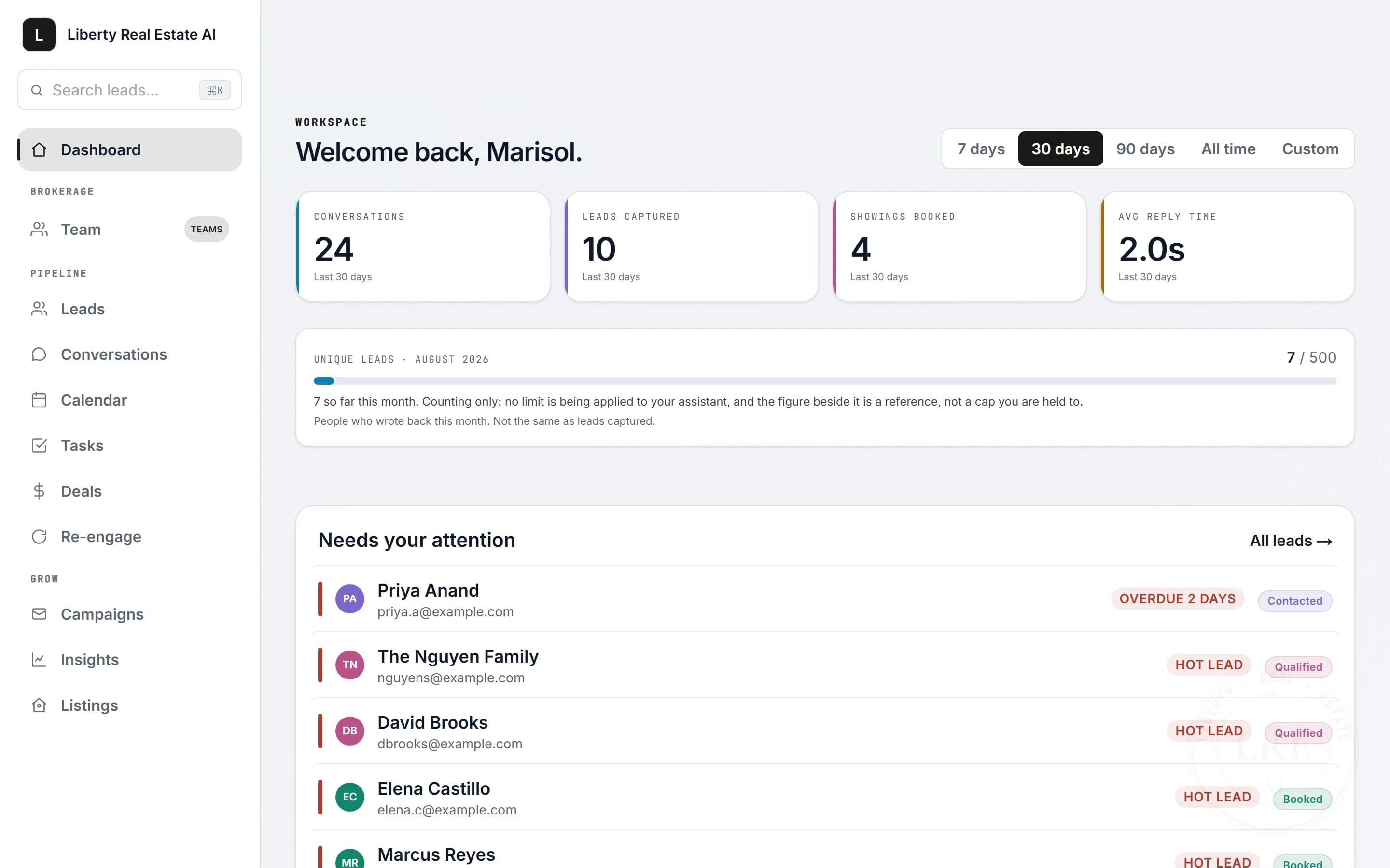 The dashboard an agent sees: leads, conversations, and bookings the assistant captured.
