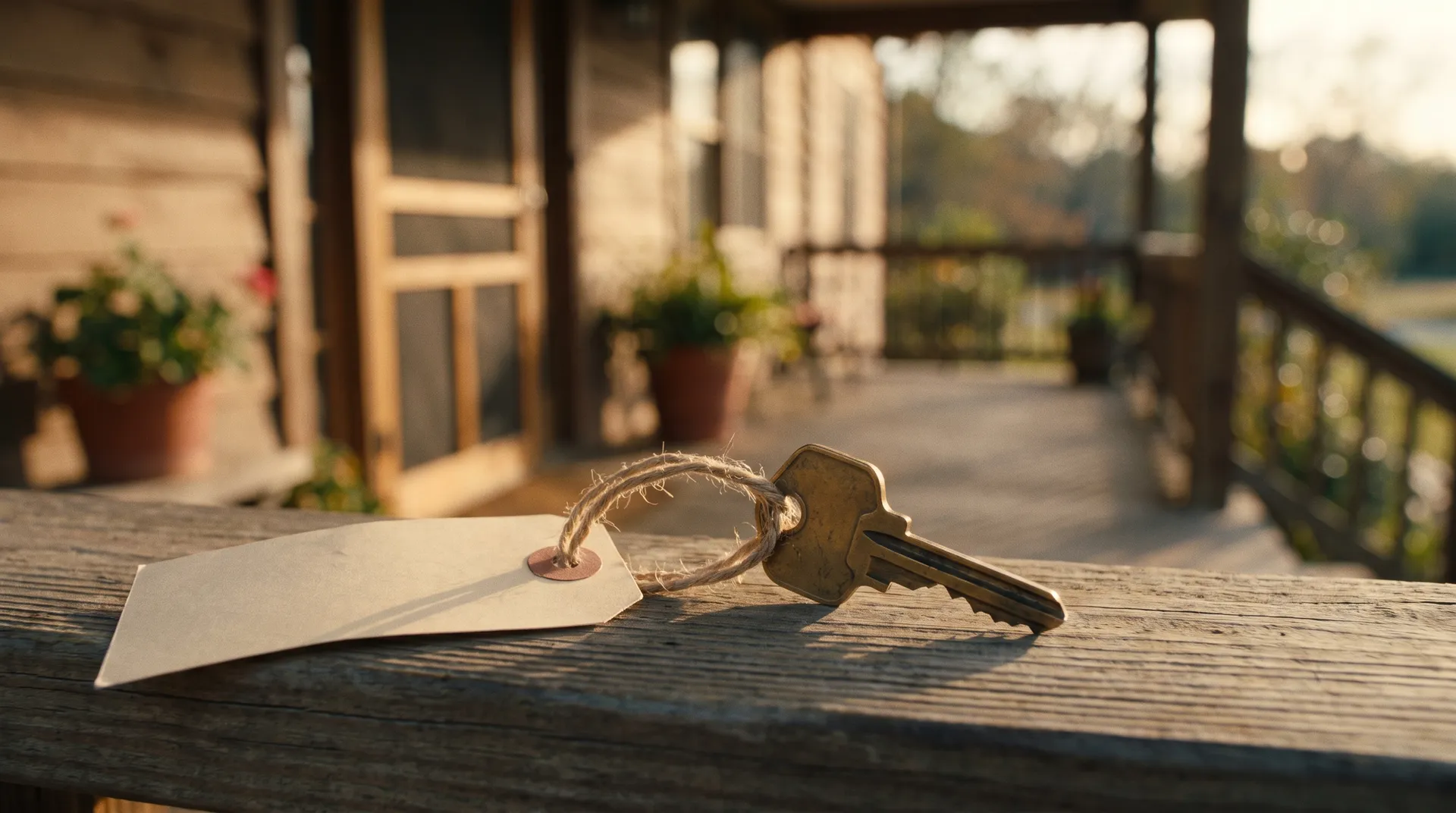 A brass house key with a blank paper tag on a wooden porch rail in low golden-hour light