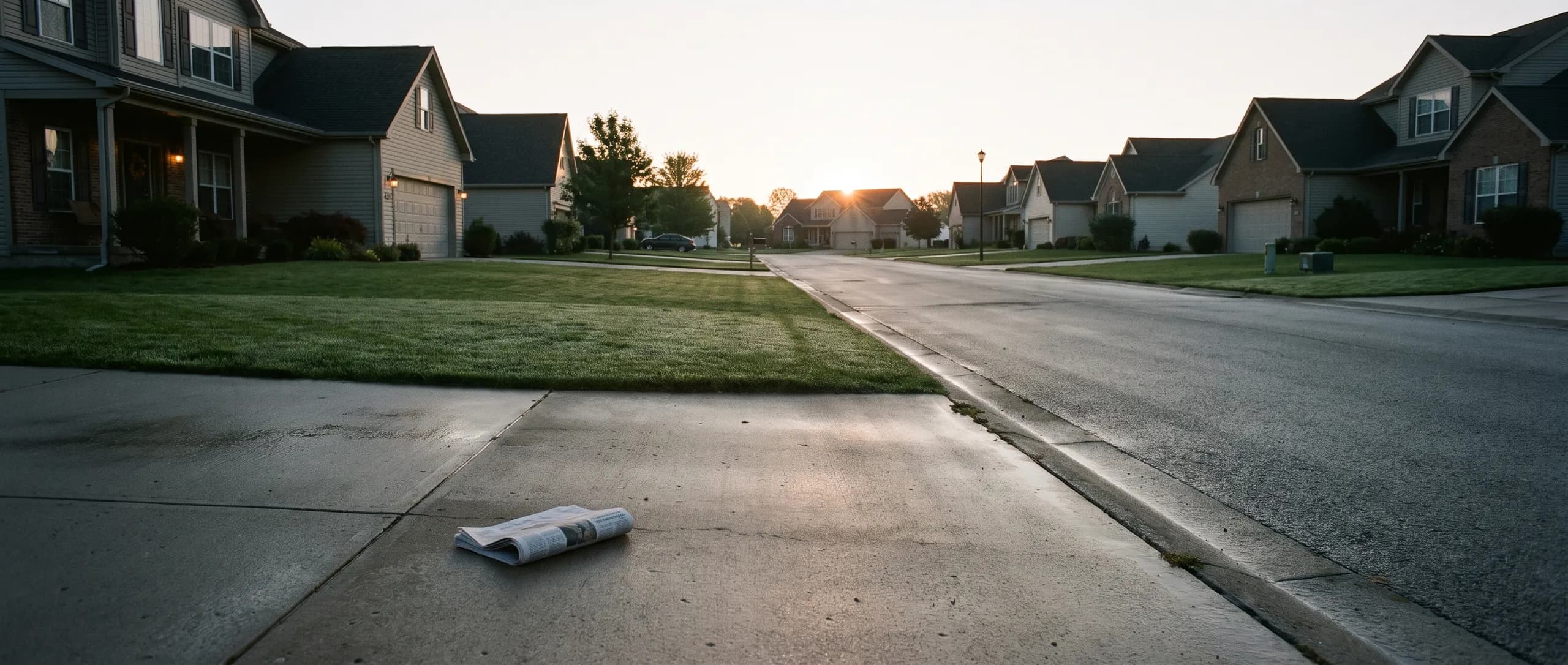 A quiet suburban street at dawn, the sun just clearing the rooftops at the far end, a newspaper waiting on the driveway